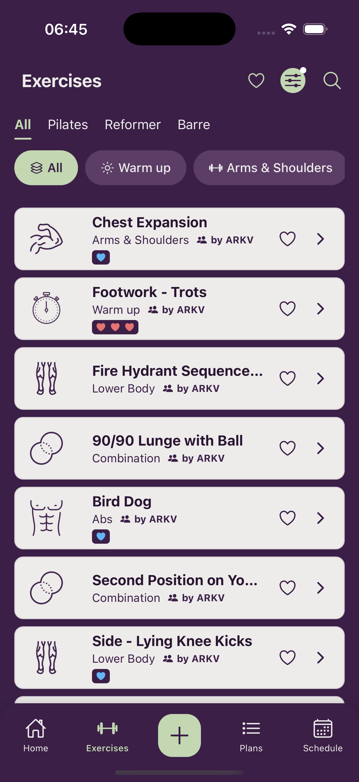 ARKV exercise library screen showing searchable class exercises